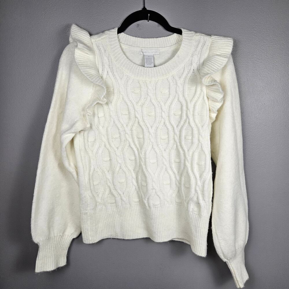 Design‎ History White Cable Knit Ruffle Shoulder Sweater Women’s Small